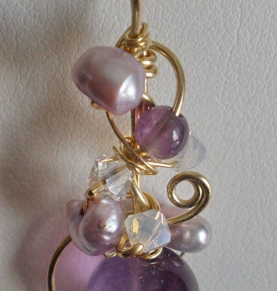 Amethyst & Pearl Embellished Wire Sculpted Pendant Ornate Embellished Purple Lavender Wrapped 14kt Gold Filled Wearable Art Gemstone GP107