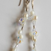 Creamy White Cluster Swarovski Crystals and White Pearl Elegant Earrings Very Long Luxurious Design One of a Kind Bride Bridal Wedding SE152