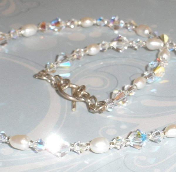 Stunning Swarovski Crystal AB White Freshwater Pearl Necklace Simple Elegant Bride Bridal Jewellery Jewelry Wedding Single Strand SS109