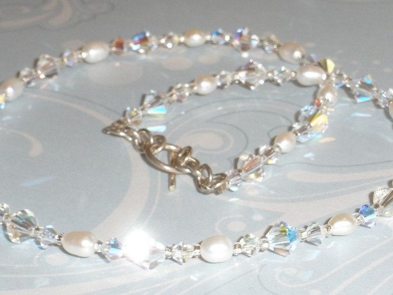 Genuine freshwater pearlsblue crystal and silver banglepearl braceletBridesmaid or BrideMinimalist jewelrybeach weddingsummer jewelry